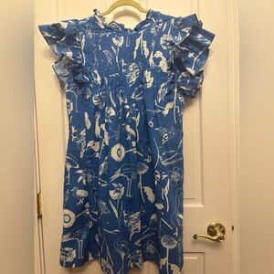 Oliphant Blue and White Dress with Bird Motif